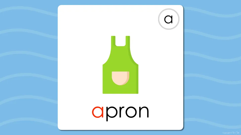 Long A digital flashcard revealing the word 'apron' beneath its picture, with the initial a colored red