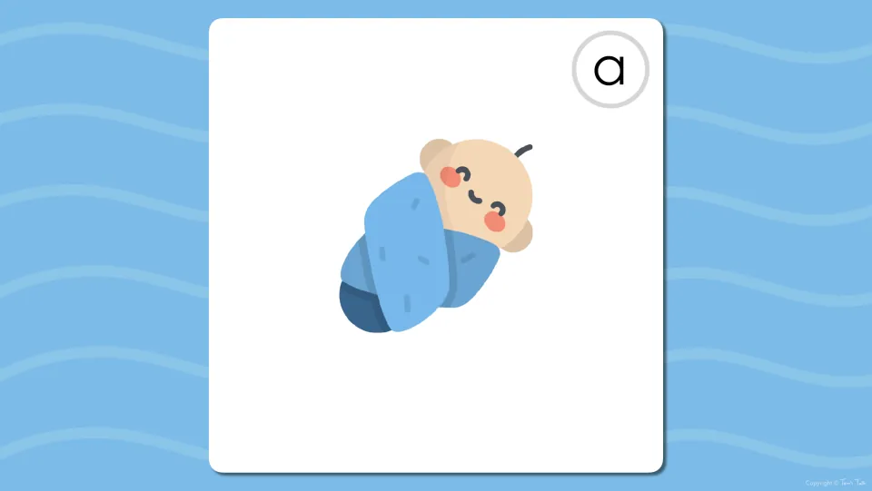 Long A digital flashcard showing a baby and the letter a, before the word is revealed on the next page