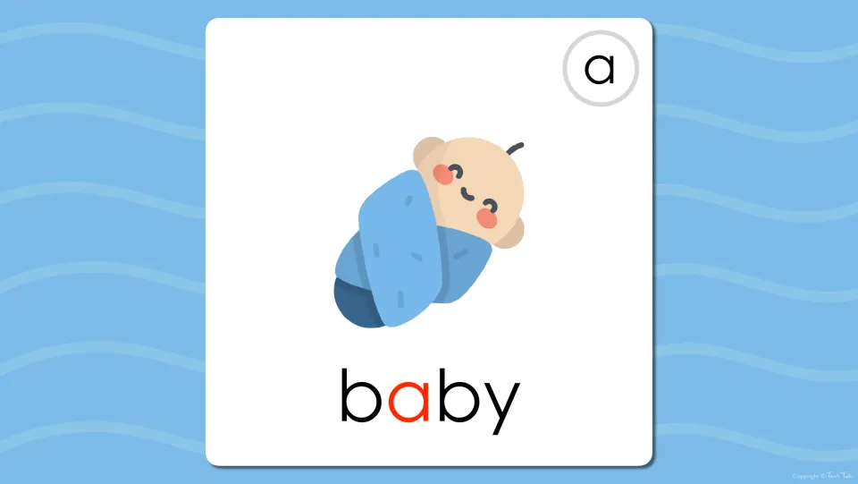 Long A digital flashcard revealing the word 'baby' beneath its picture, with the letter a colored red