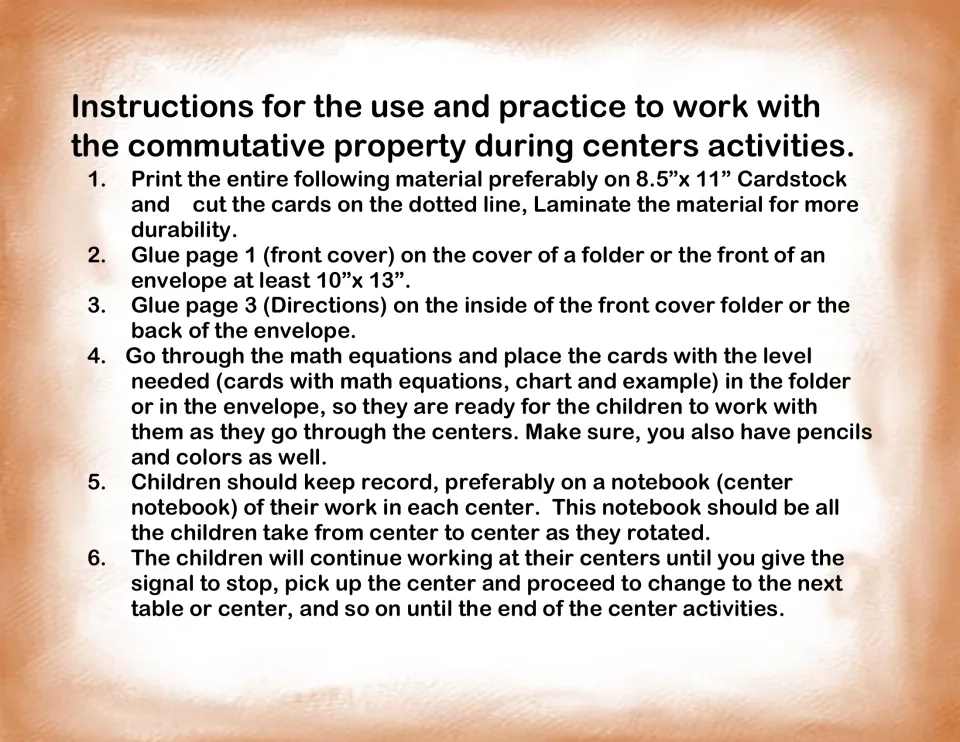 Teacher setup steps for the commutative property center: print on cardstock, cut, laminate, assemble folder, rotate