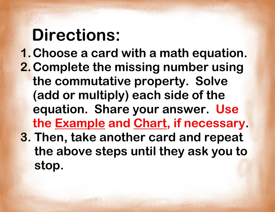 Student directions: pick an equation card, fill in the missing number using the commutative property, solve and share