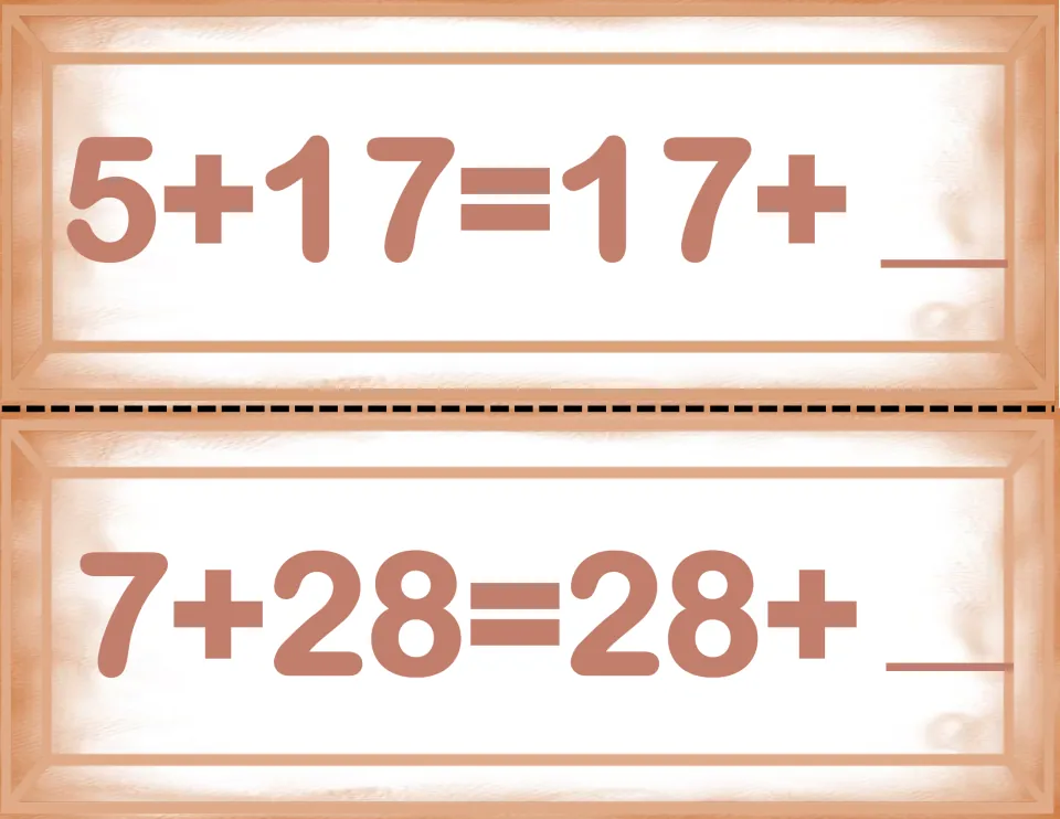 Commutative property task cards: students find the missing addend in 5+17=17+__ and 7+28=28+__ to make both sides equal