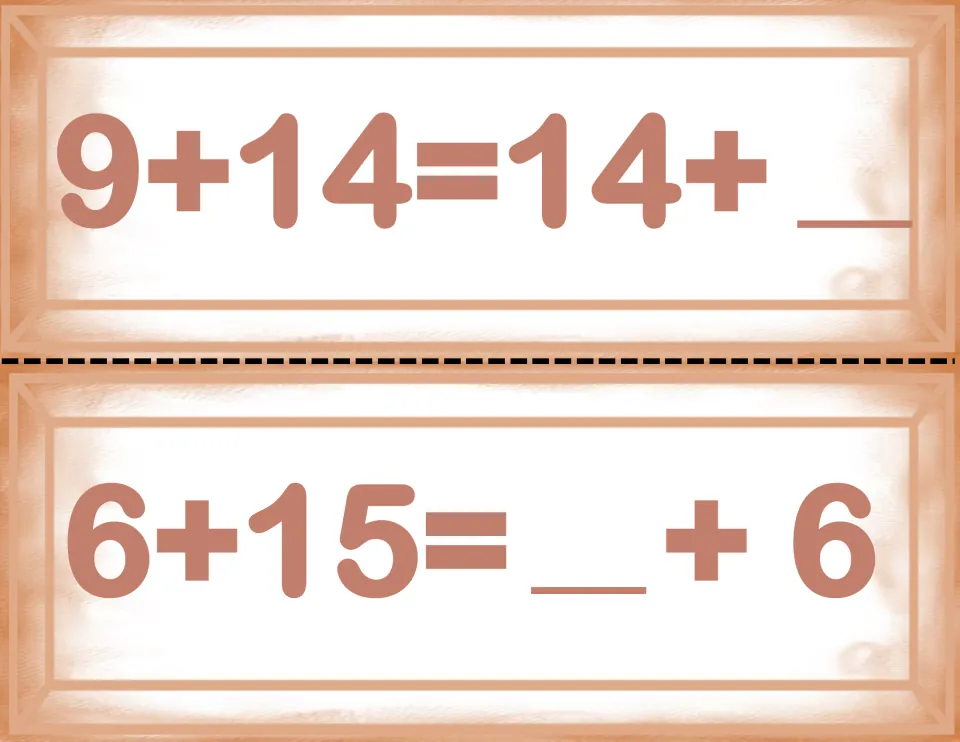 Addition order cards: students fill the blank in 9+14=14+__ and in 6+15=__+6, where the blank comes first on the right