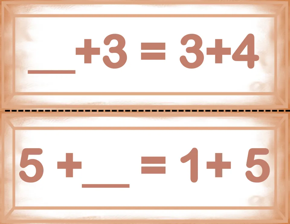 Small-number commutative cards: students complete __+3=3+4 and 5+__=1+5 to show addends can switch places