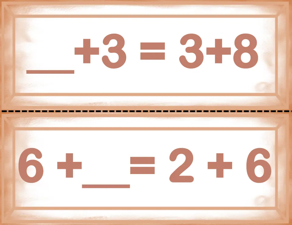 Single-digit equation cards __+3=3+8 and 6+__=2+6: students find the missing addend that keeps both sides equal