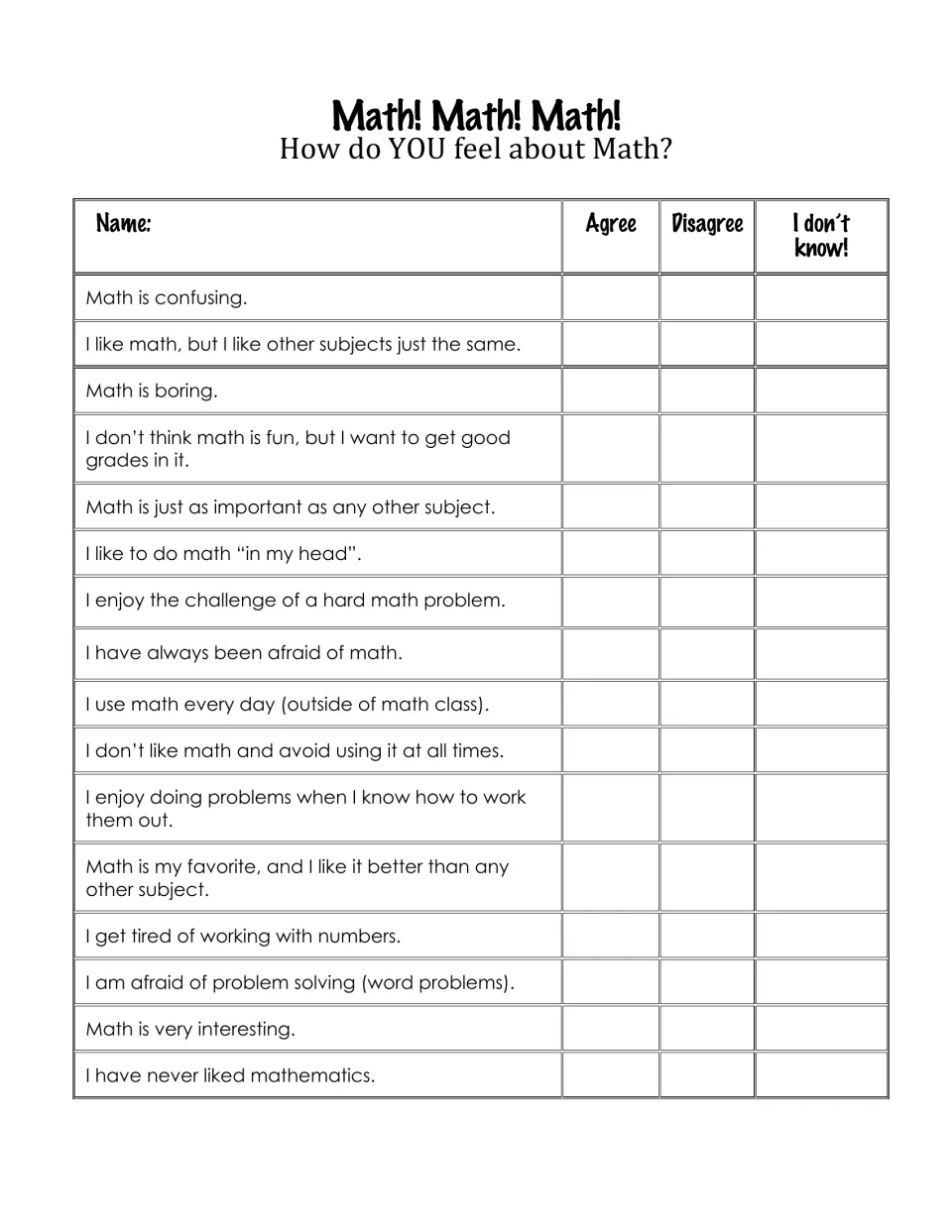 Maths! Maths! Maths! survey: students mark Agree, Disagree or I don't know for 16 statements about how they feel about maths