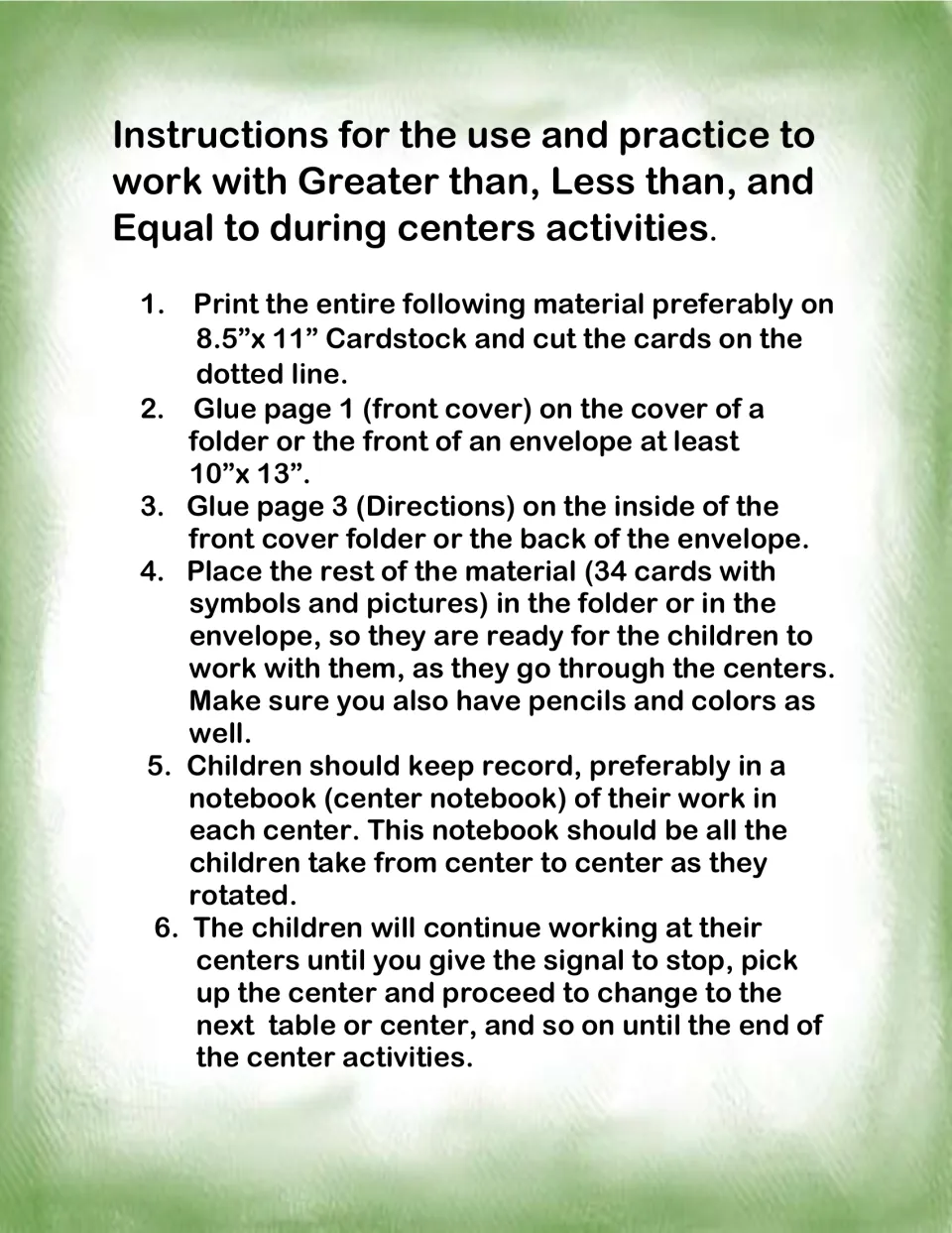 Teacher setup steps for the center: print cards on cardstock, cut them, and glue the cover and directions to a folder