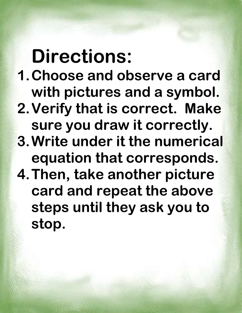 Student directions: pick a picture card with a <, > or = symbol, check it, draw it and write the matching equation