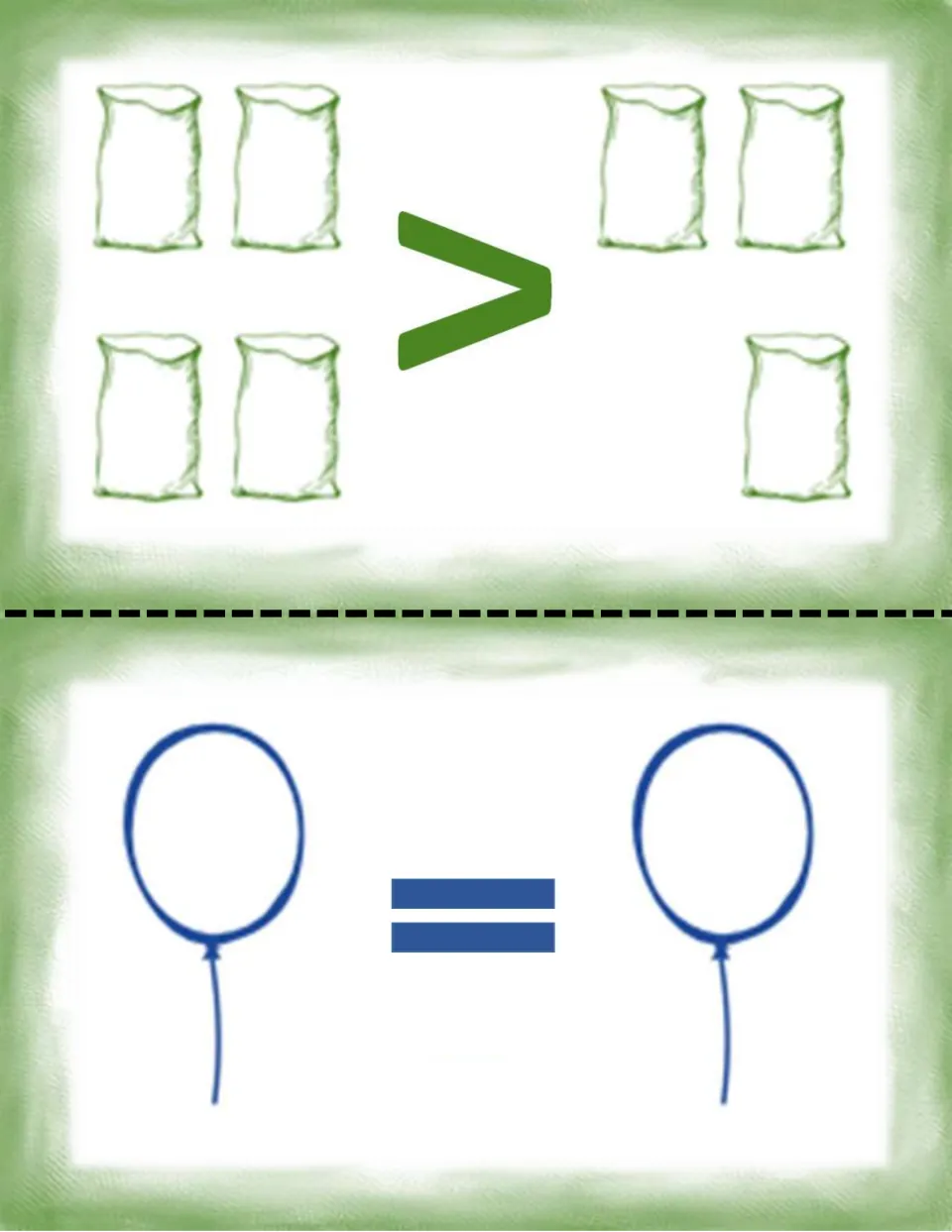 Comparison picture cards: 4 sacks > 3 sacks and 1 balloon = 1 balloon, to count and write as number sentences