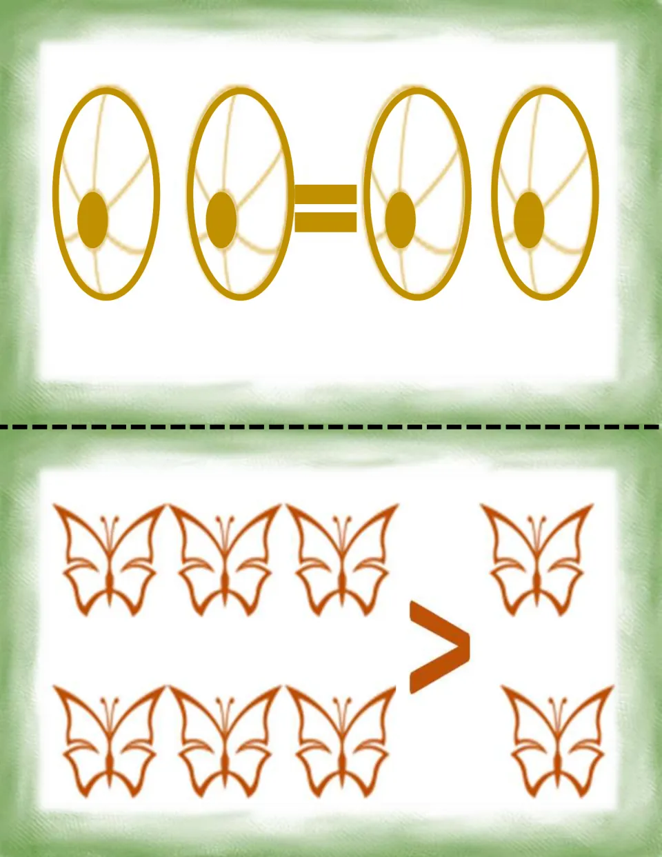 Comparison picture cards: 2 balls = 2 balls and 6 butterflies > 2 butterflies, to count each group and compare