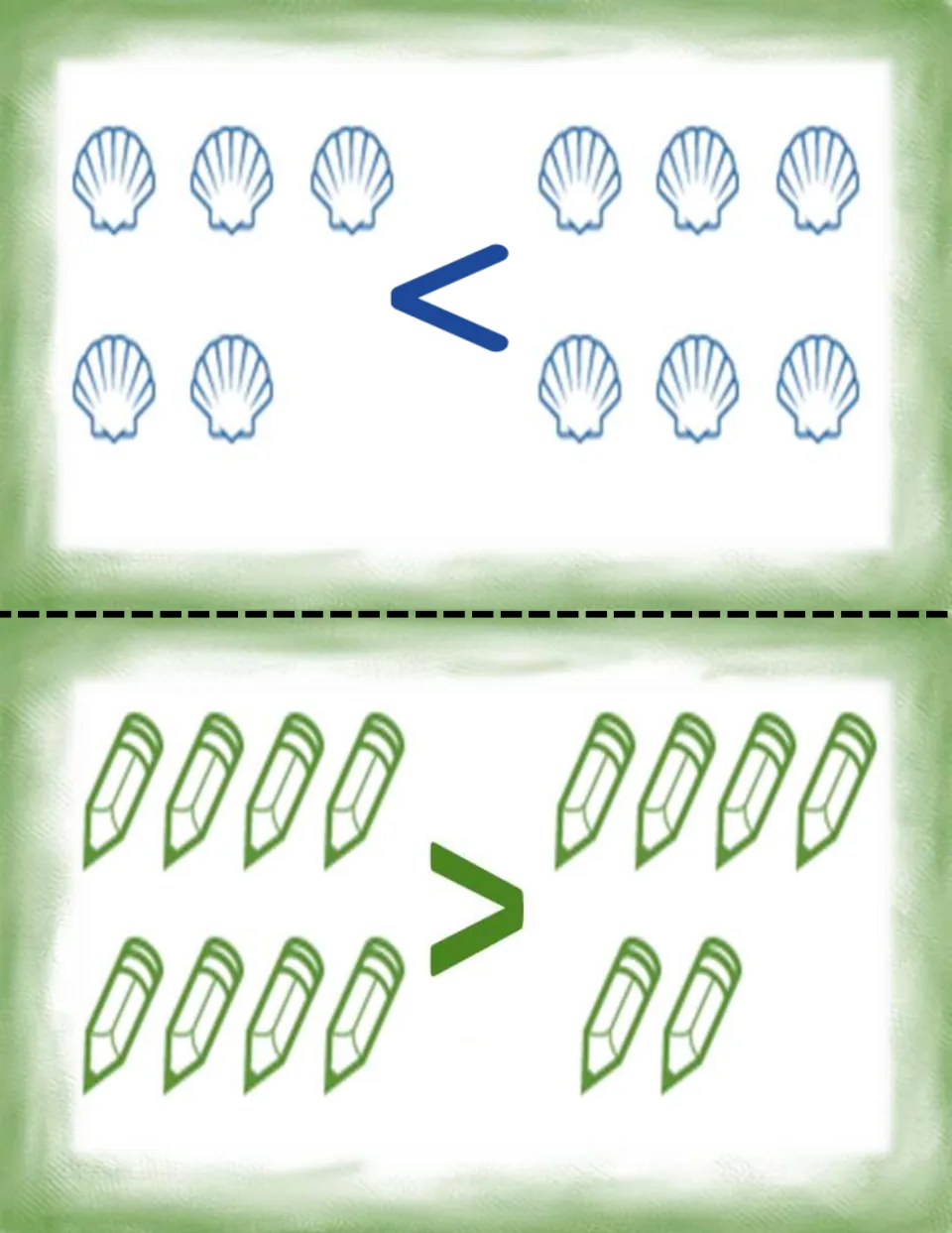 Comparison picture cards: 5 shells < 6 shells and 8 pencils > 6 pencils, to count both sets and write the equation