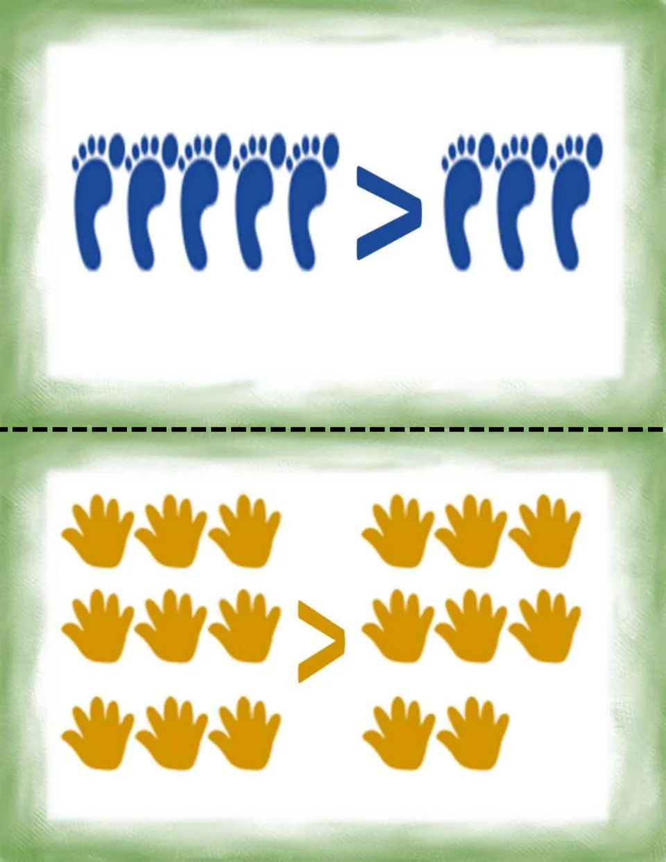 Comparison picture cards: 5 footprints > 3 footprints and 9 hands > 8 hands, to count and record with symbols