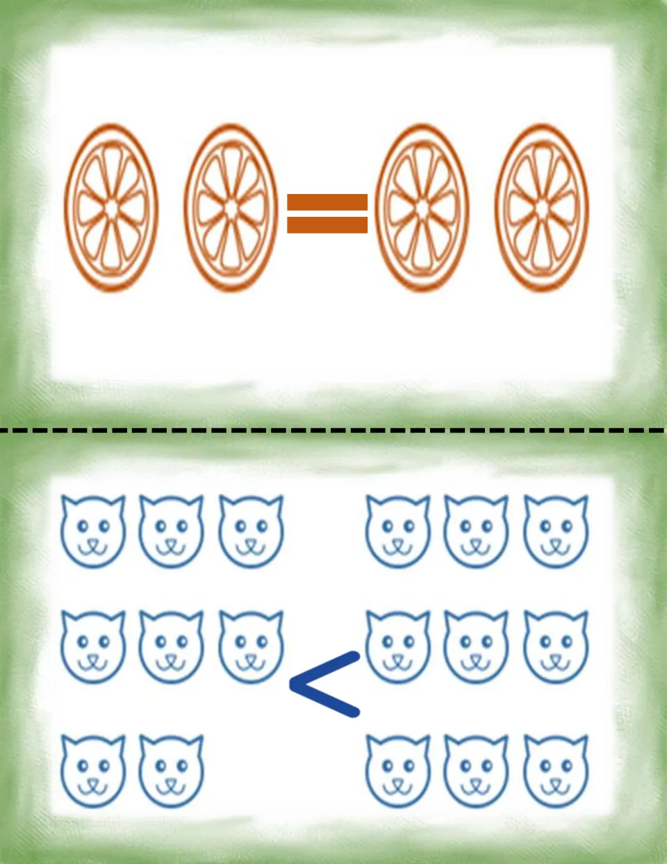 Comparison picture cards: 2 orange slices = 2 orange slices and 8 cats < 9 cats, to count and compare groups