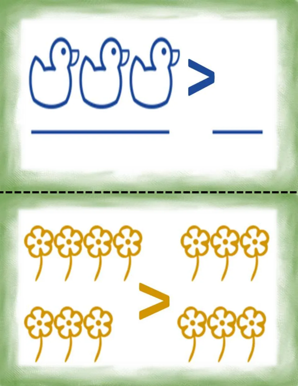 Comparison picture cards: 3 ducks > an empty side with write-on lines, and 7 flowers > 6 flowers, to count and compare