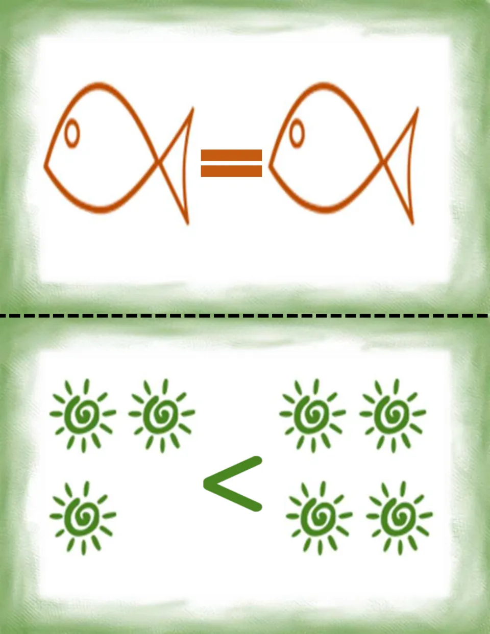 Comparison picture cards: 1 fish = 1 fish and 3 suns < 4 suns, for students to count each side and write the equation