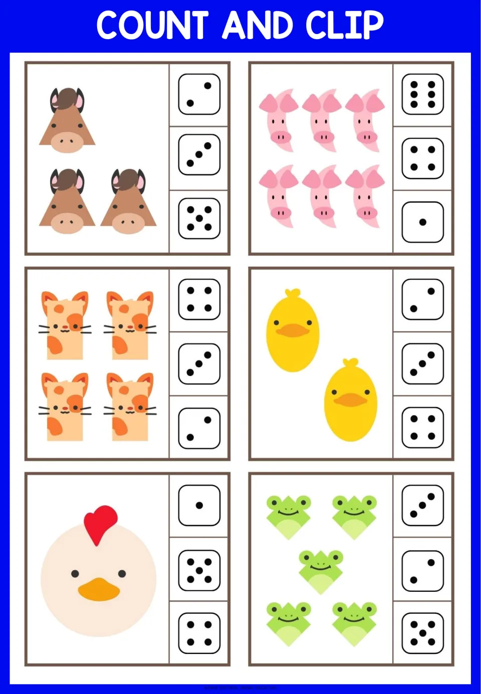 Farm animal counting cards: students count horses, pigs, cats, chicks, a hen and frogs, then clip the matching dice face