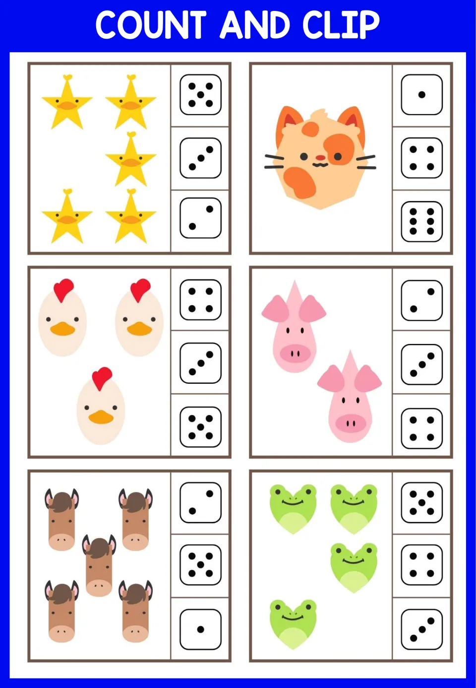 Counting stars, a cat, hens, pigs, horses and frogs: children clip the die showing how many pictures are on each card