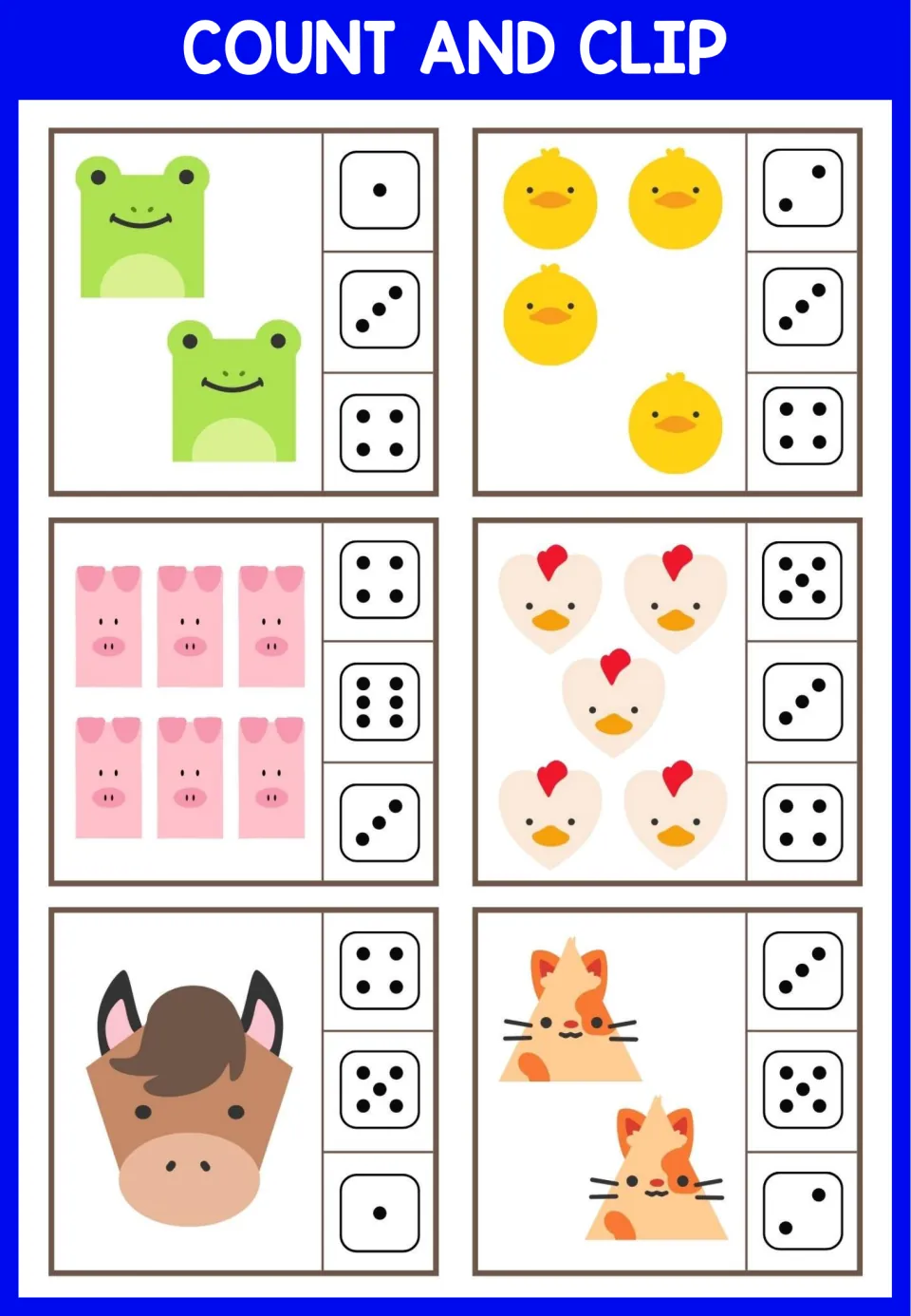 Shape animals to count, such as square frogs and heart hens; learners peg the dot pattern that matches each quantity