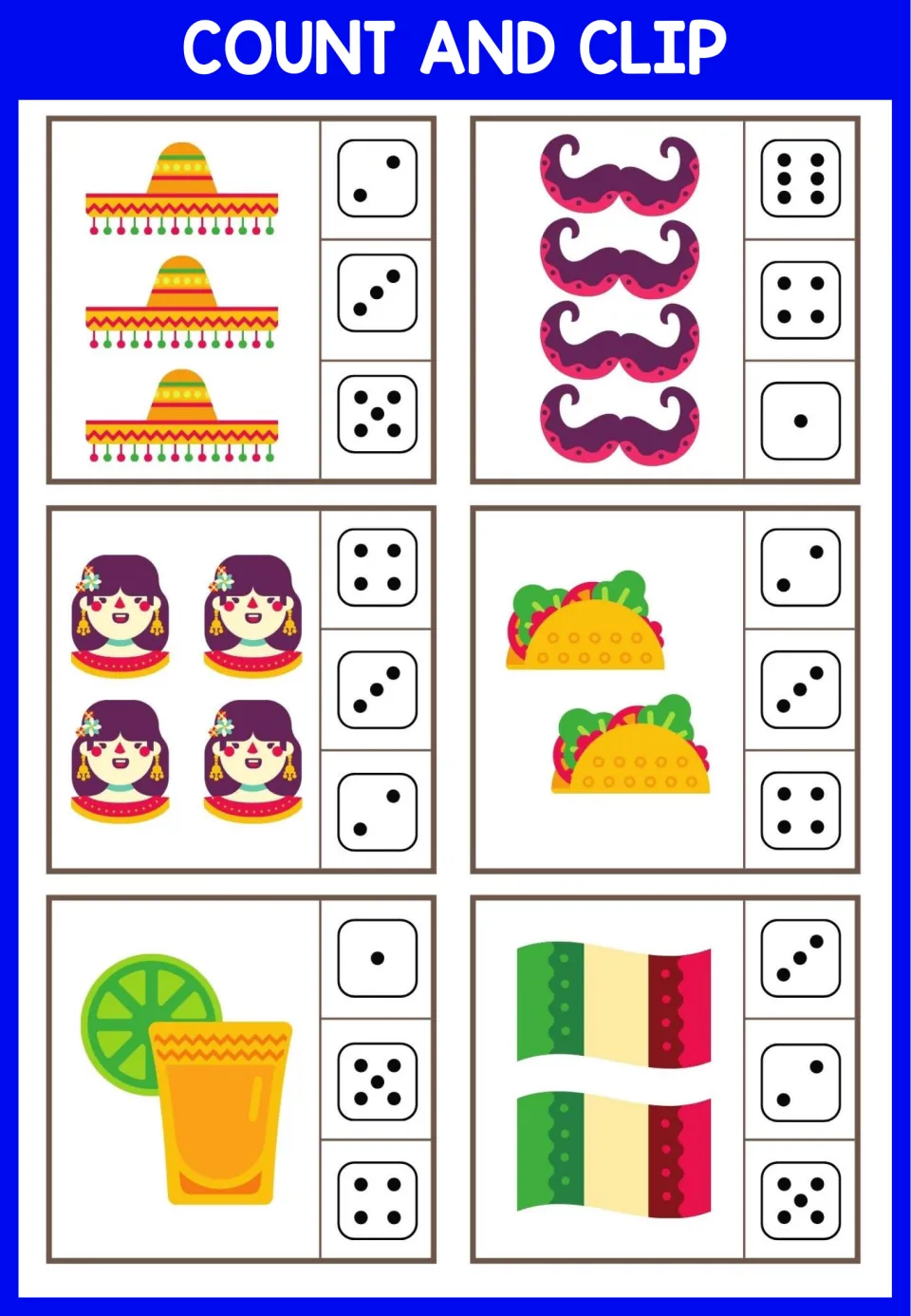 Mexican-themed counting: sombreros, mustaches, tacos, flags and a lime drink, each matched to one of three dice faces