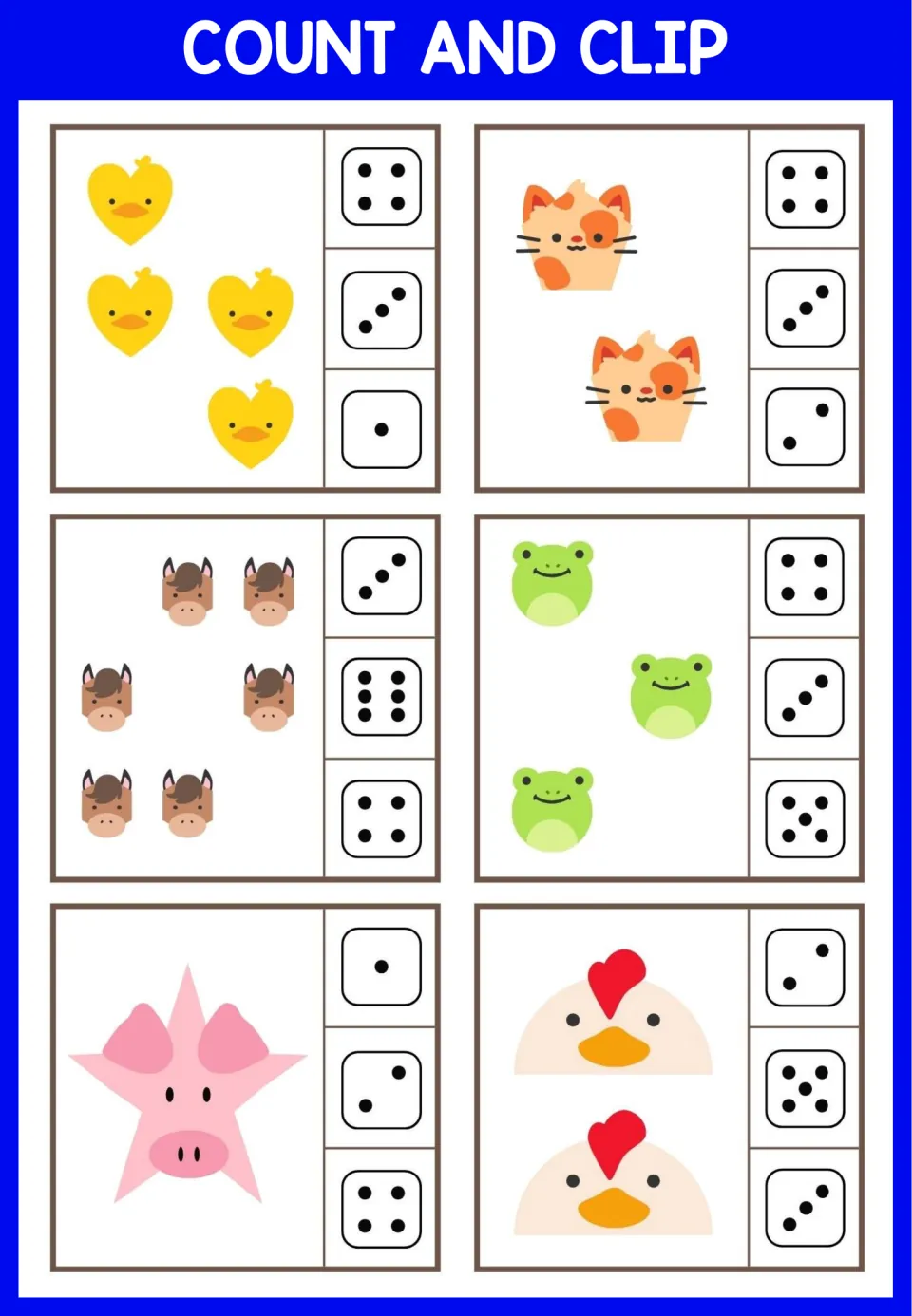 Heart chicks, cats, six horses, frogs, a star pig and hens: students tally each set and choose the matching dot card