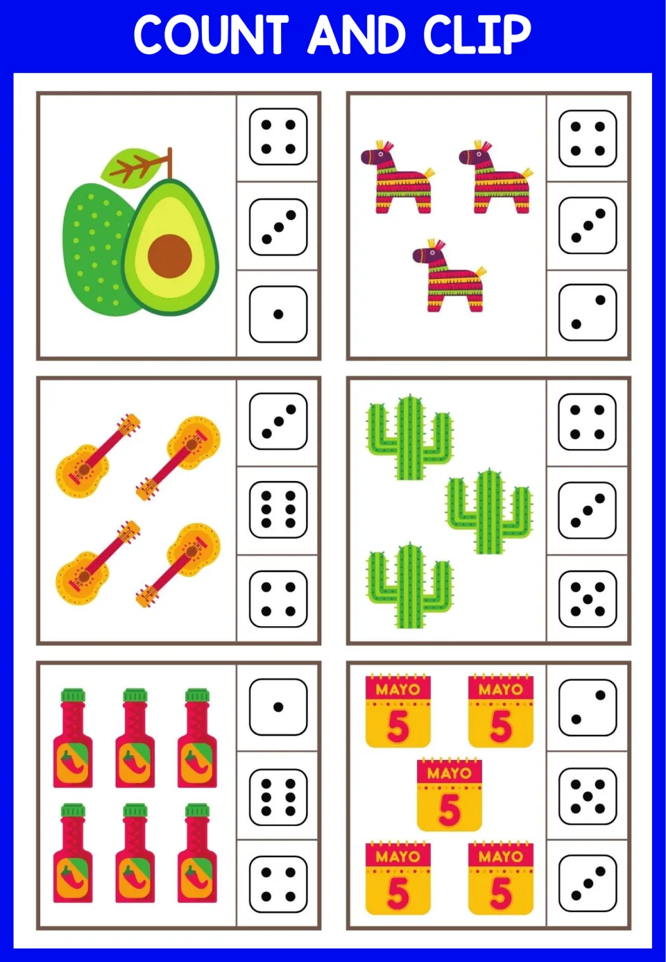 Cinco de Mayo items to count, including avocado, piñatas, guitars, cacti, hot sauce and calendars, clipped to dice