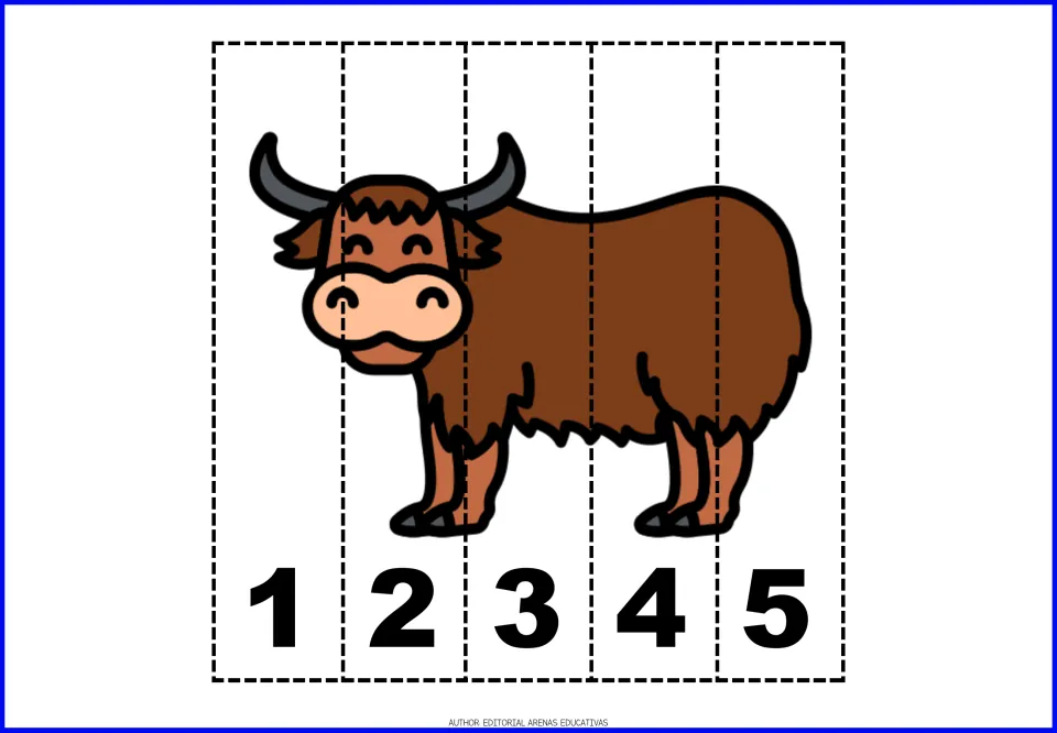 Number puzzle 1 of 9: a yak divided into five pieces labeled 1, 2, 3, 4, and 5 for counting practice.