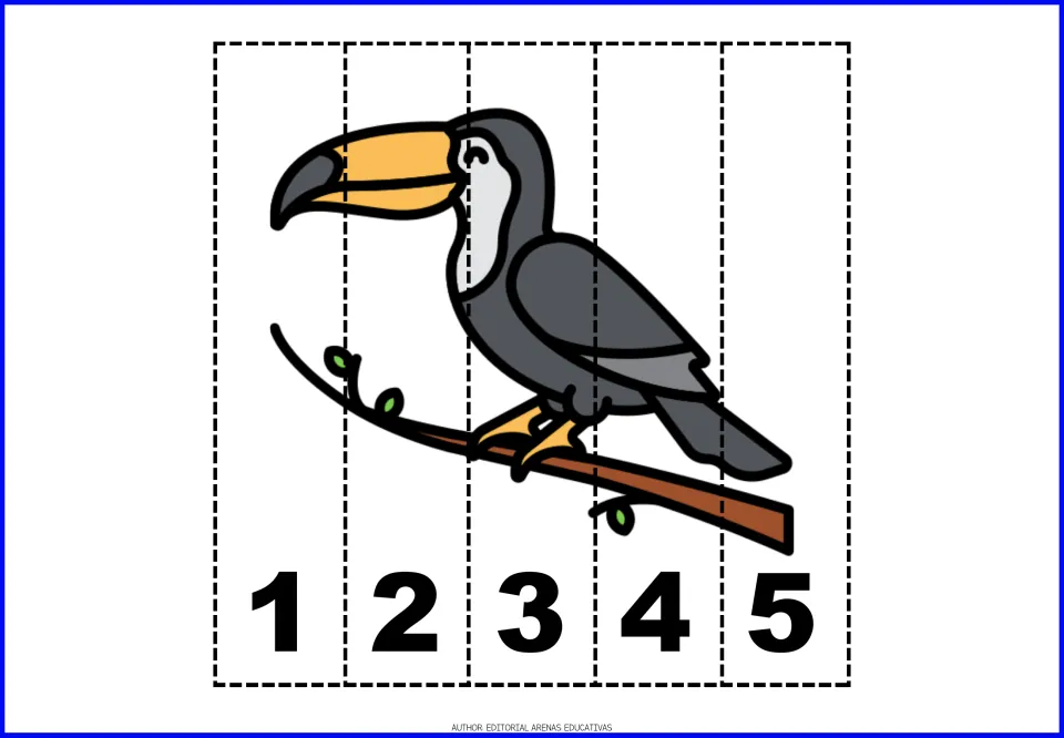 Number puzzle 2 of 9: a toucan divided into five pieces labeled 1, 2, 3, 4, and 5 for counting practice.