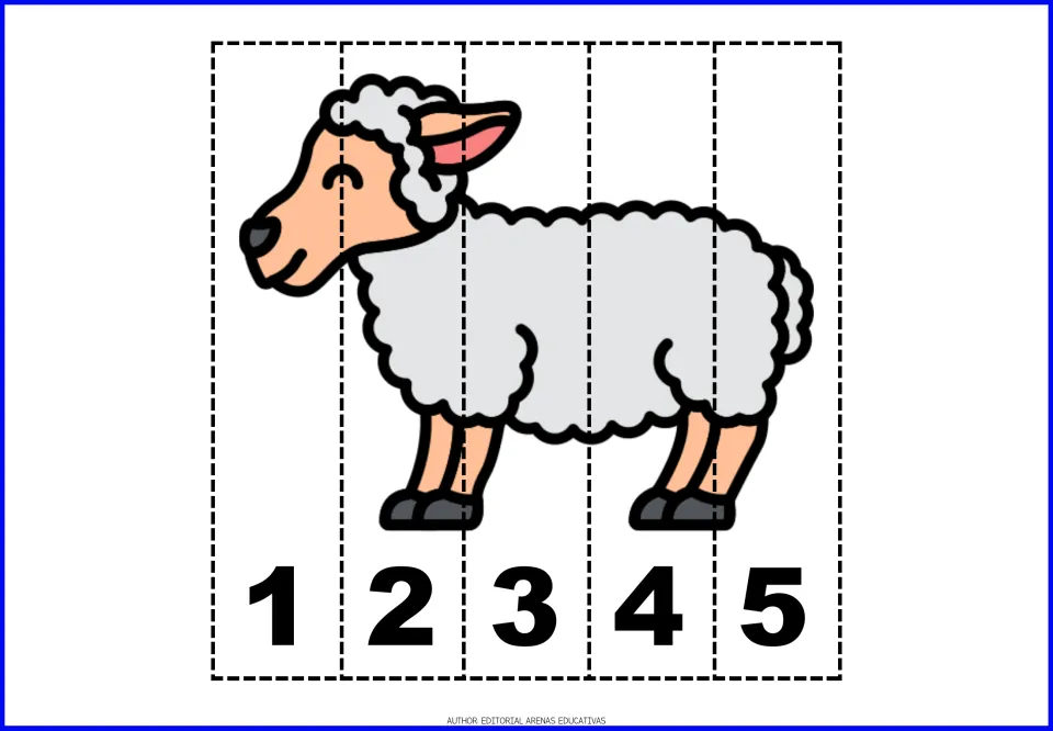 Number puzzle 3 of 9: a sheep divided into five pieces labeled 1, 2, 3, 4, and 5 for counting practice.