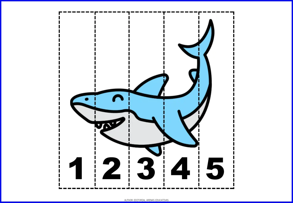 Number puzzle 4 of 9: a shark divided into five pieces labeled 1, 2, 3, 4, and 5 for counting practice.