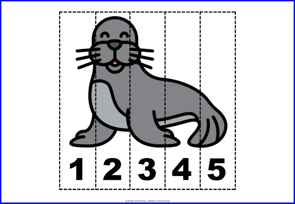 Number puzzle 5 of 9: a seal divided into five pieces labeled 1, 2, 3, 4, and 5 for counting practice.