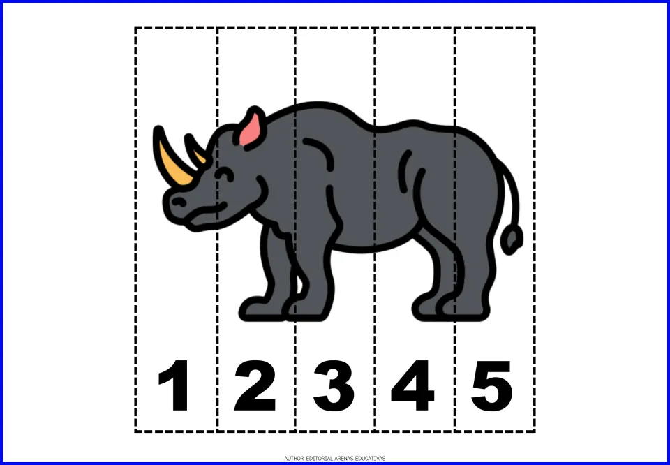 Number puzzle 6 of 9: a rhinoceros divided into five pieces labeled 1, 2, 3, 4, and 5 for counting practice.