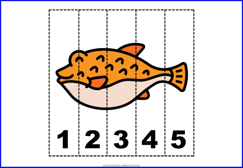 Number puzzle 7 of 9: a pufferfish divided into five pieces labeled 1, 2, 3, 4, and 5 for counting practice.