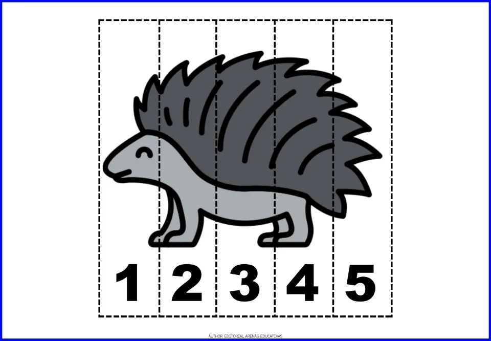 Number puzzle 8 of 9: a porcupine divided into five pieces labeled 1, 2, 3, 4, and 5 for counting practice.