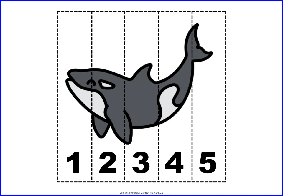Number puzzle 9 of 9: an orca divided into five pieces labeled 1, 2, 3, 4, and 5 for counting practice.