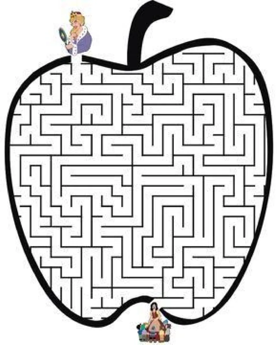 Apple-shaped maze: students trace a path from a queen holding a mirror at the top to a princess and dwarfs at the bottom