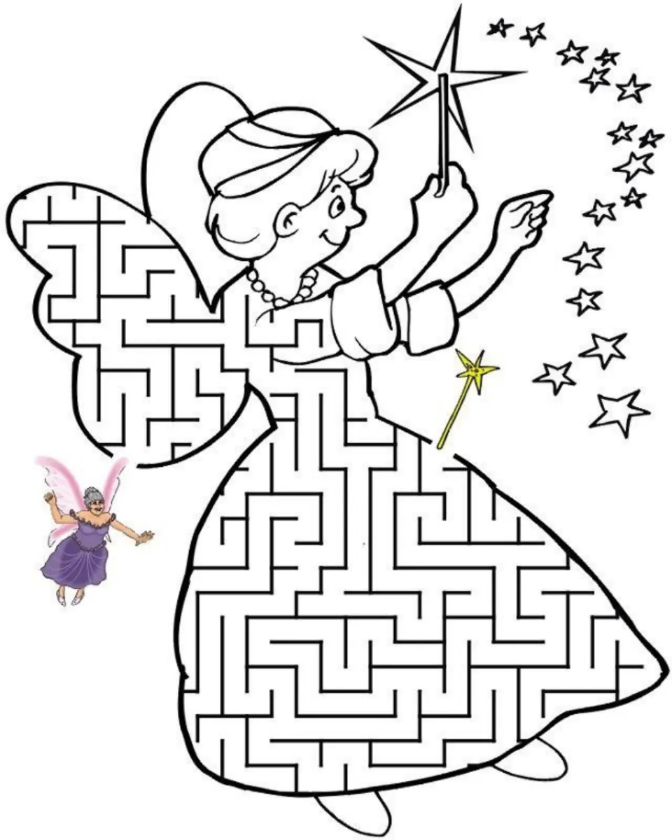Fairy godmother maze: students find a path through her wing and gown from the small flying fairy to the gold wand