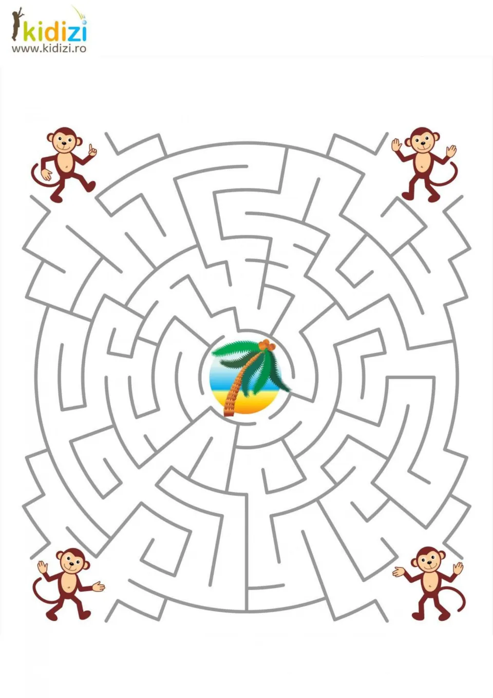 Circular monkey maze: students start from any of four corner monkeys and find the route to the palm tree at the center