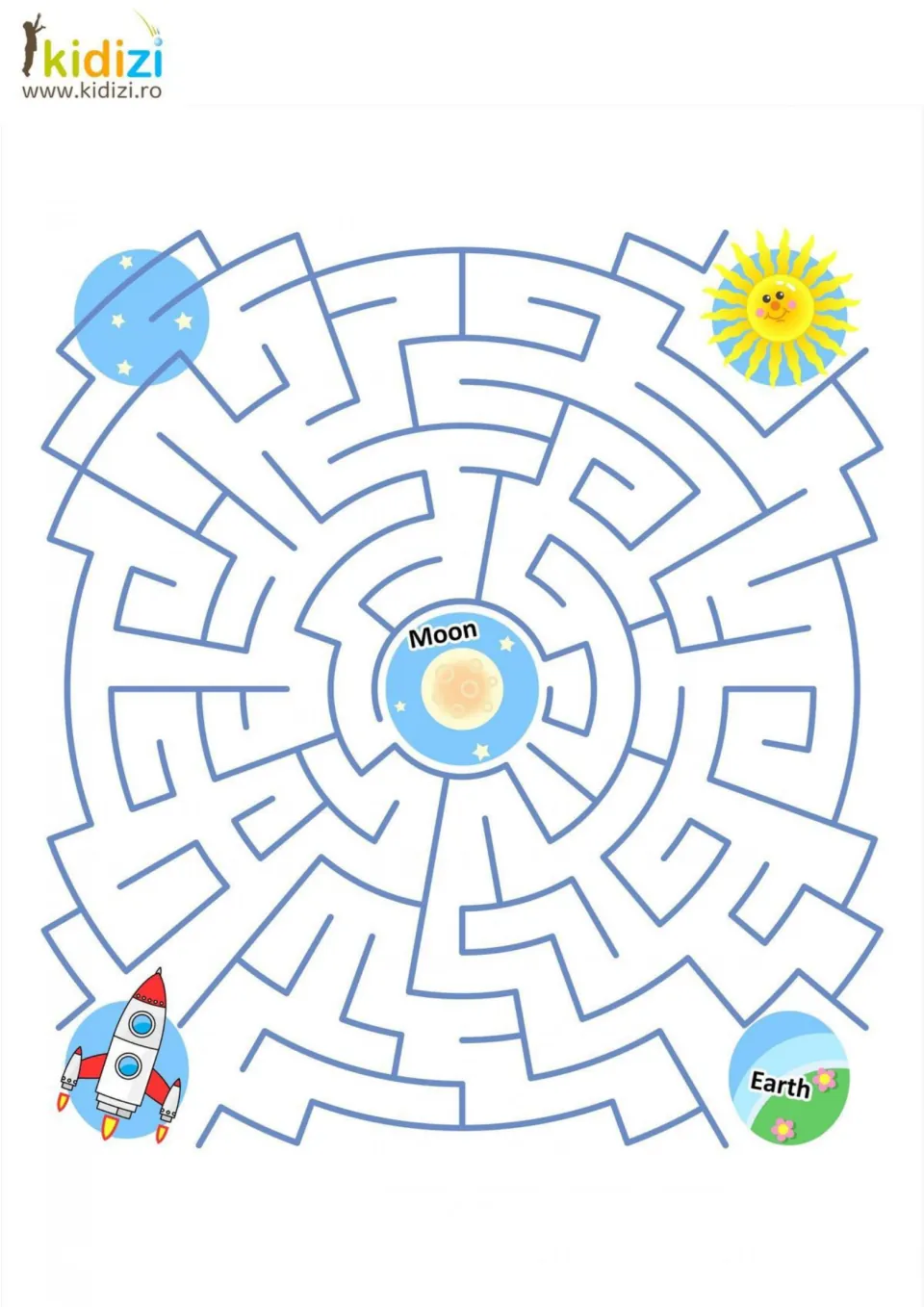 Space maze: students guide a rocket through circular paths to the Moon at the center, with Earth and a sun nearby