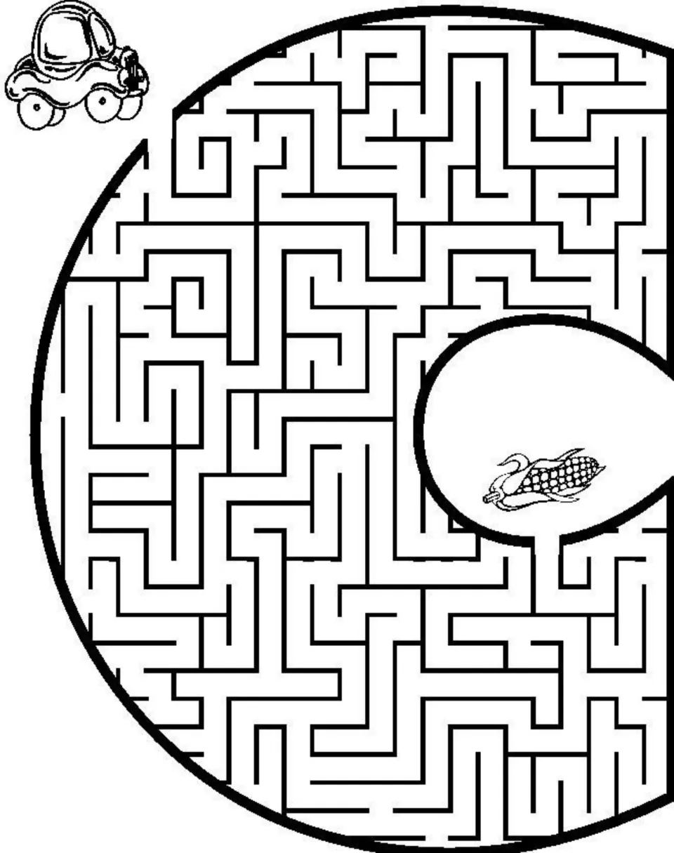 Letter C maze: students drive a cartoon car through the C-shaped paths to reach an ear of corn inside the letter