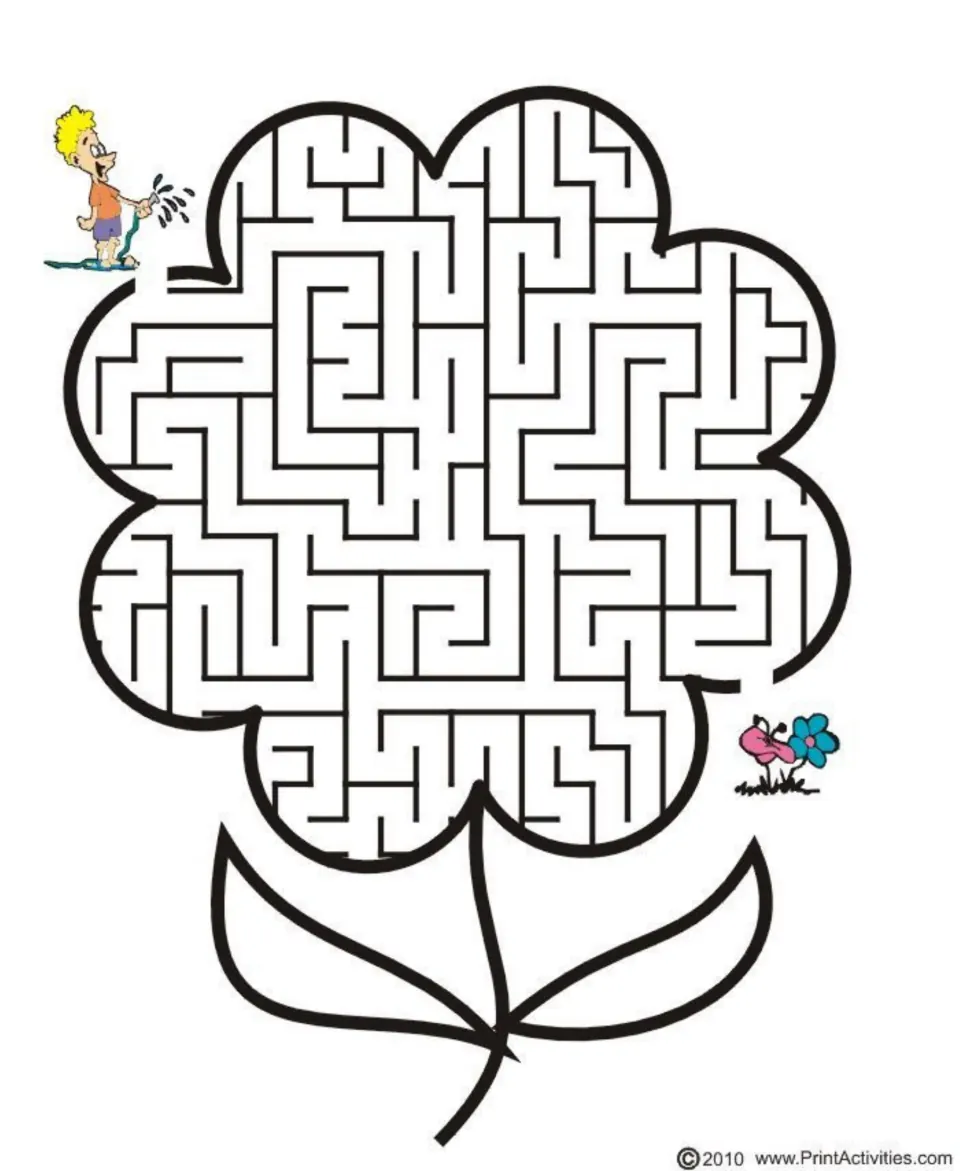 Flower maze: students help a boy with a garden hose find the way through the petals to the small flowers