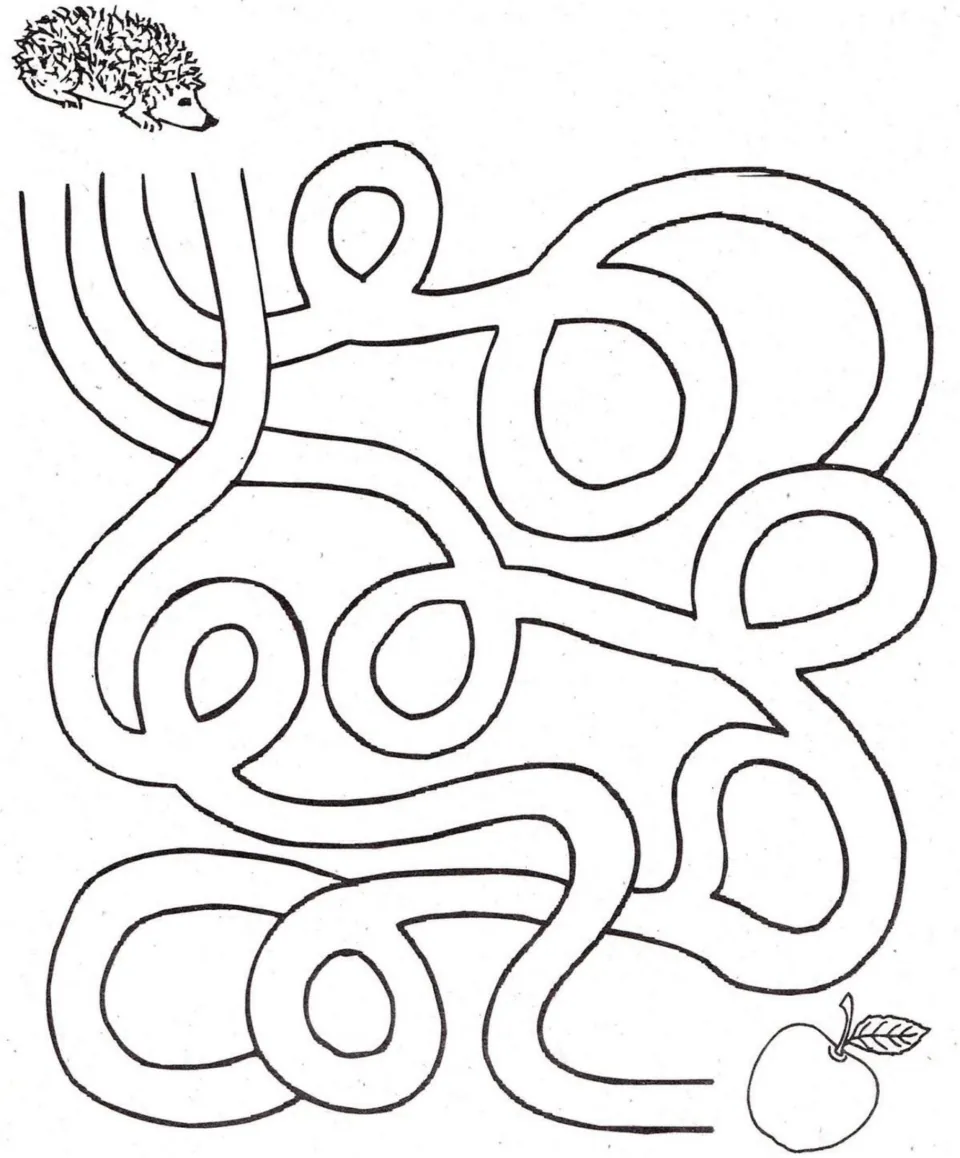 Hedgehog maze: students test five starting paths to find the one that leads the hedgehog to the apple