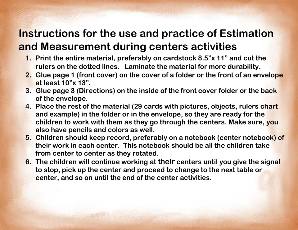Center setup instructions explain printing, cutting rulers, storing 29 cards, and recording student work