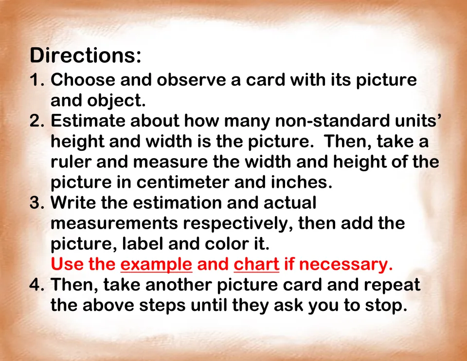 Student directions explain estimating picture dimensions, measuring in inches and centimeters, and recording