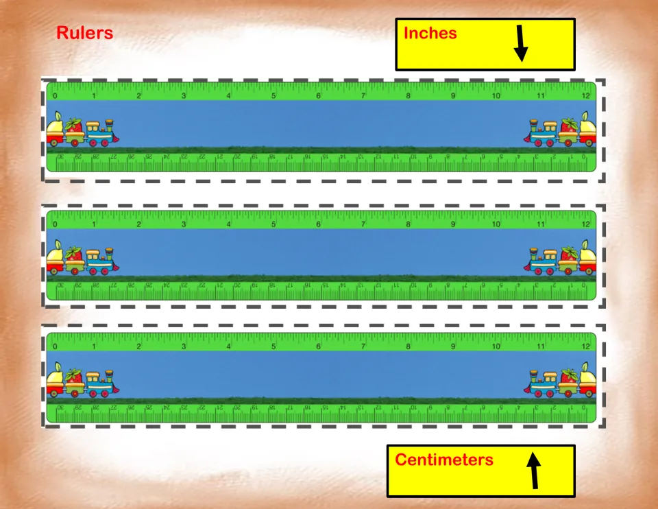 Three printable rulers for the measurement center, with arrows identifying the inch and centimeter scales