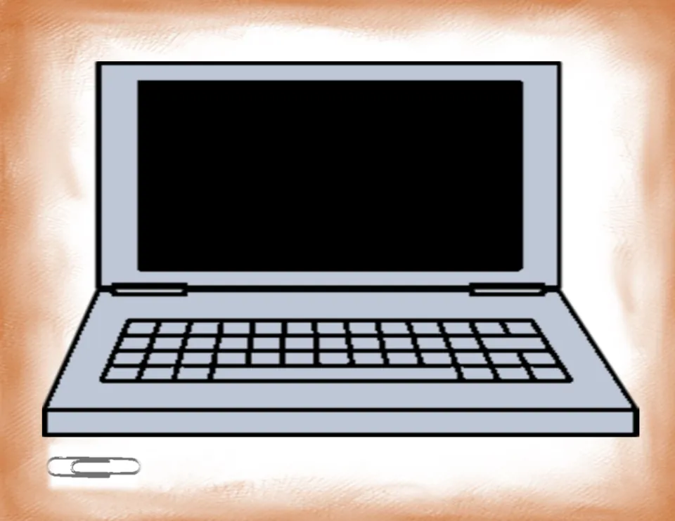 Measurement center card showing a laptop and a paper clip for estimating the laptop picture's dimensions
