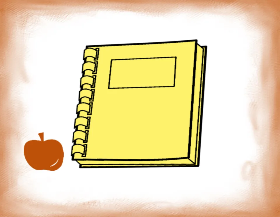 Measurement center card showing a spiral notebook and an apple for estimating the notebook's dimensions