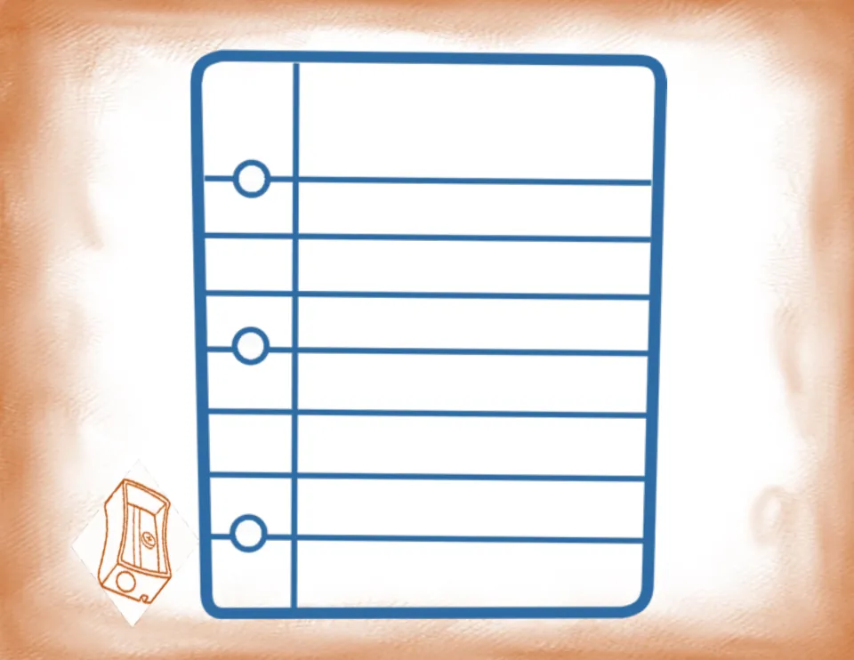 Measurement center card showing notebook paper and a pencil sharpener for estimating the paper's dimensions