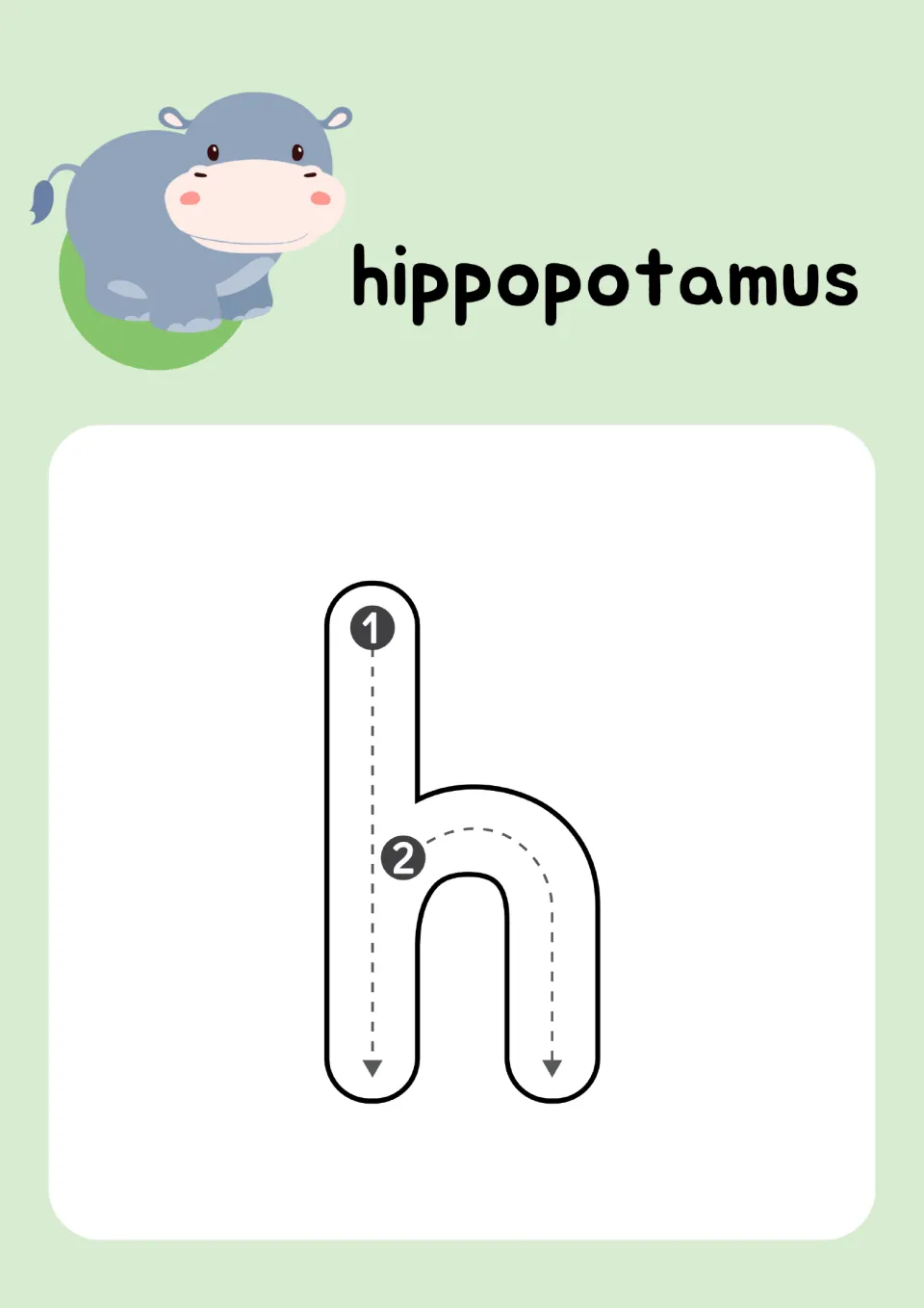 Letter h tracing: students trace a tall line down, then a hump, to form lowercase h beside a hippopotamus and its word