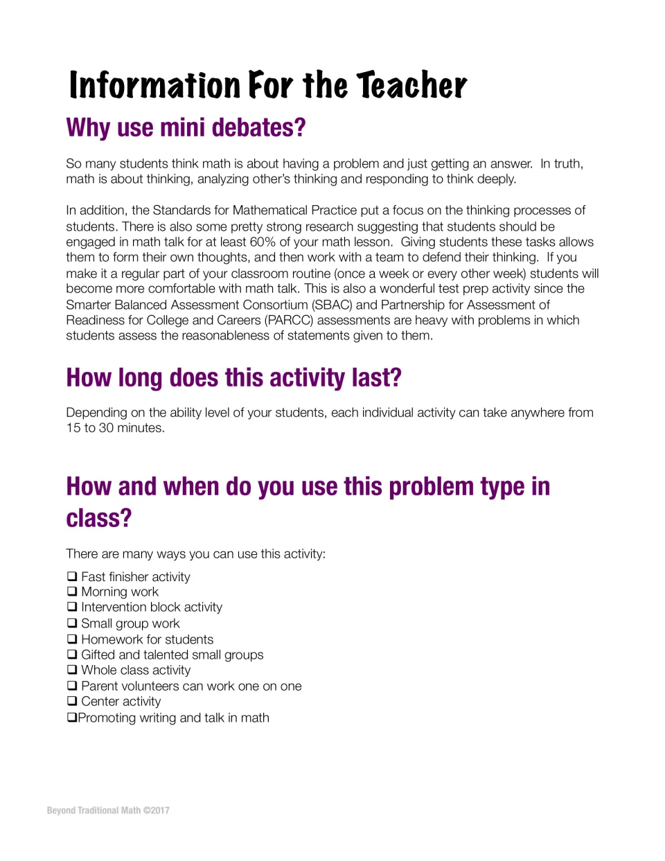 Teacher notes on why to use mini debates for math talk, how long each takes (15 to 30 min) and ten ways to use them