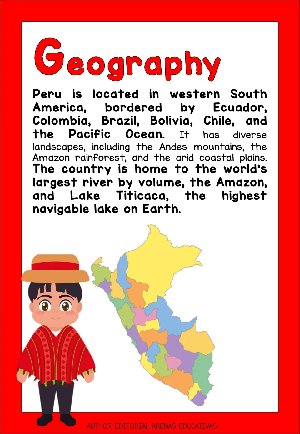 Geography reading: Peru's bordering countries, the Andes, Amazon River and Lake Titicaca, with a map of Peru's regions